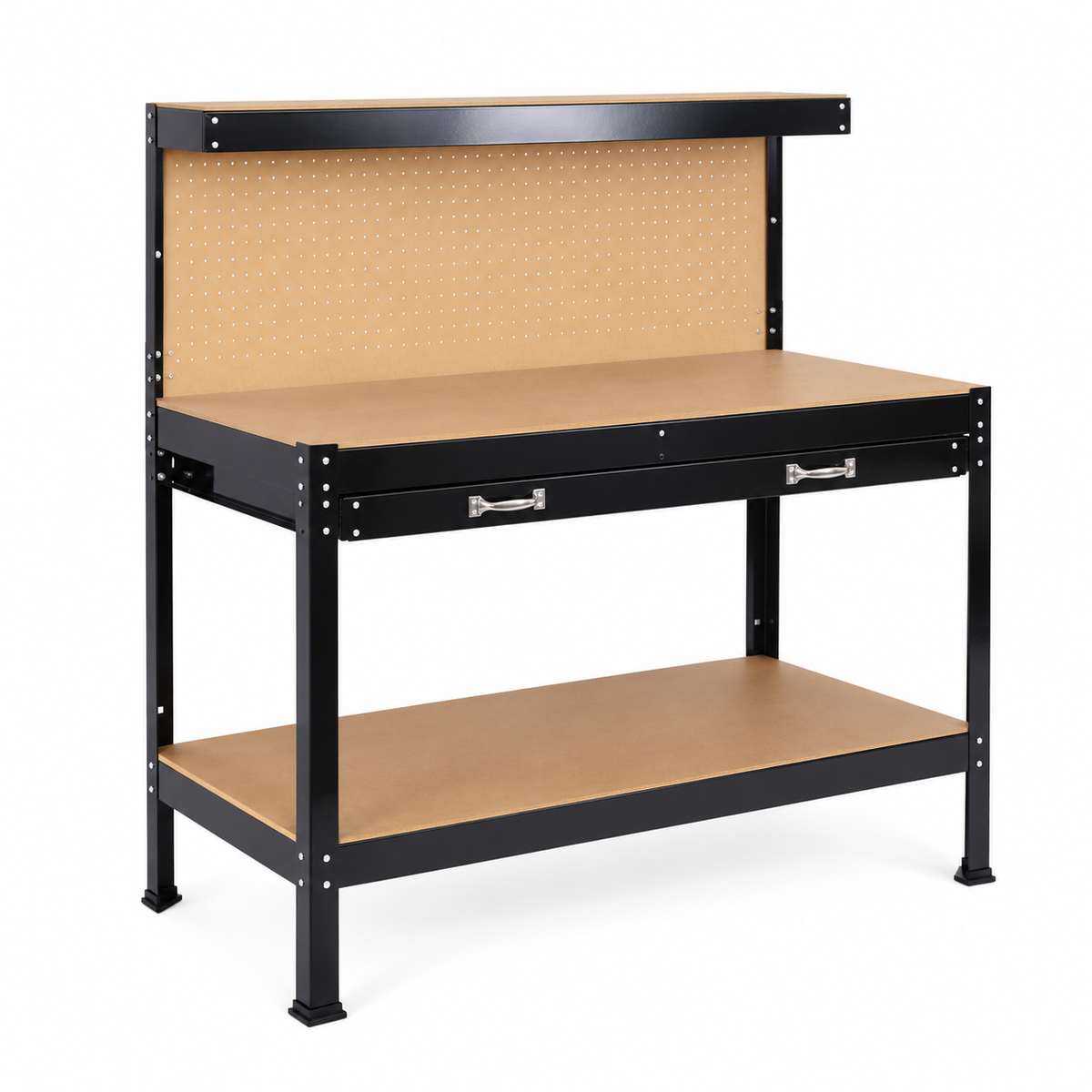 48-Inch Steel Workbench with Drawer and Pegboard, left-front view on white