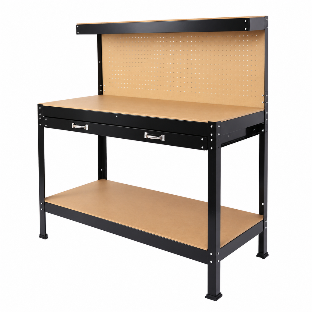 48-Inch Steel Workbench with Drawer and Pegboard, right-front view on white