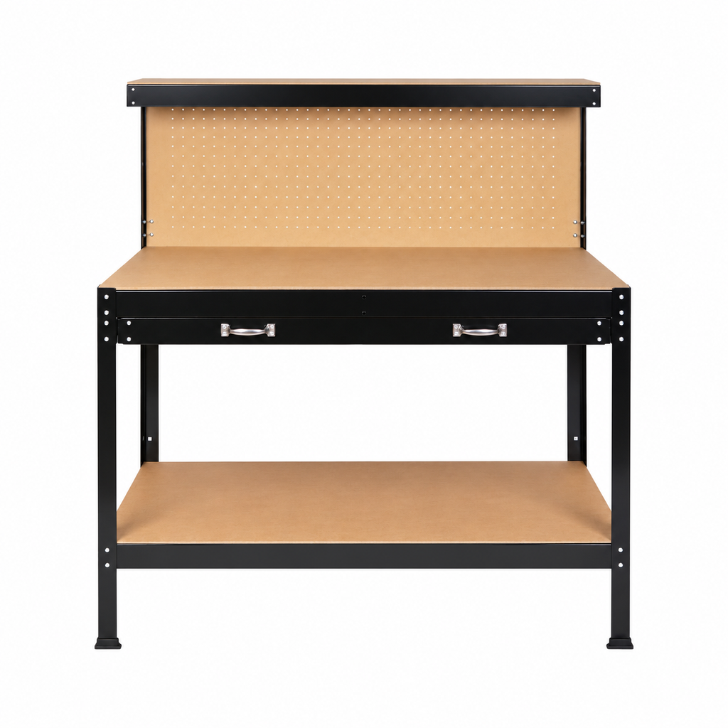 45-Inch Steel Workbench with Drawer and Pegboard, front view on white