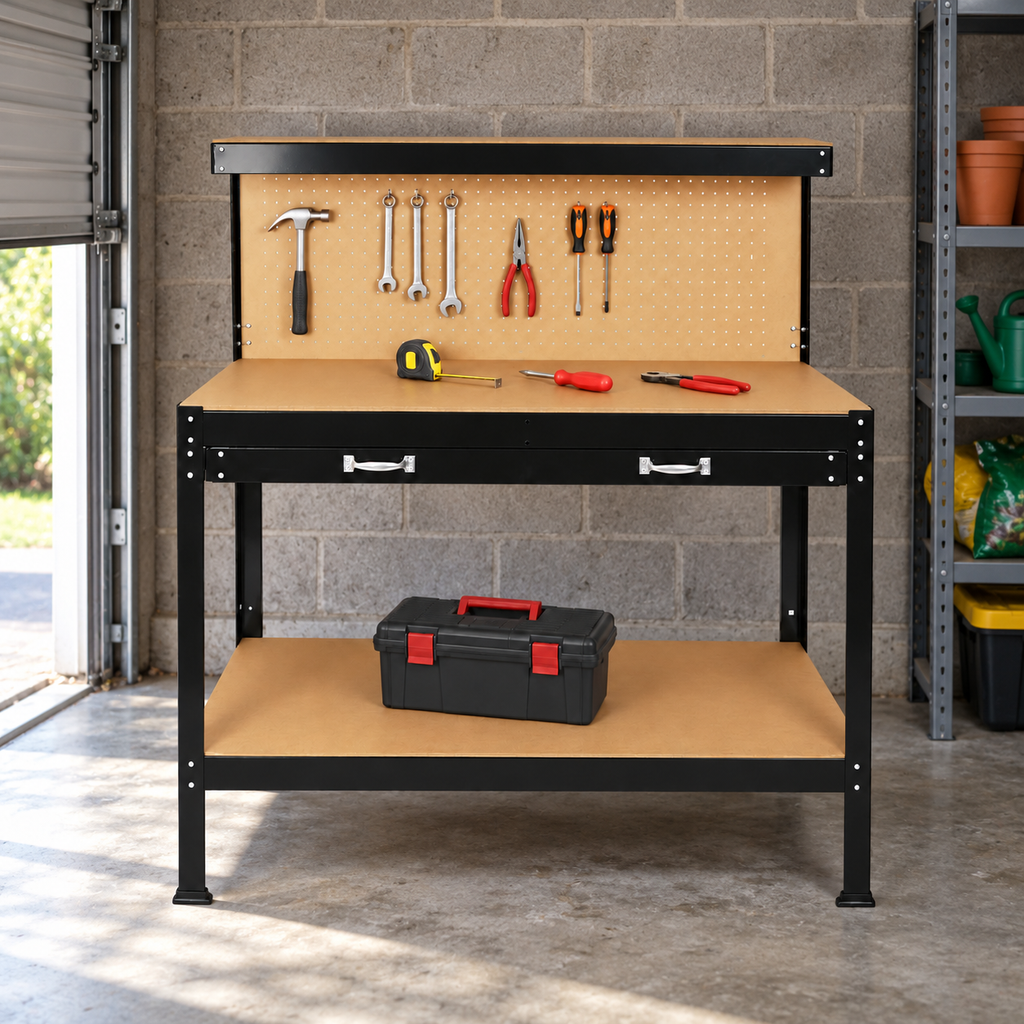 45-Inch Steel Workbench with Drawer and Pegboard, in a home garage
