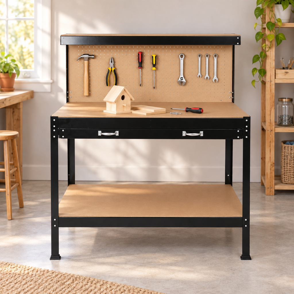 45-Inch Steel Workbench with Drawer and Pegboard, in a craft workshop