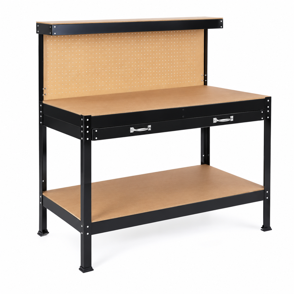 45-Inch Steel Workbench with Drawer and Pegboard, left-front view on white