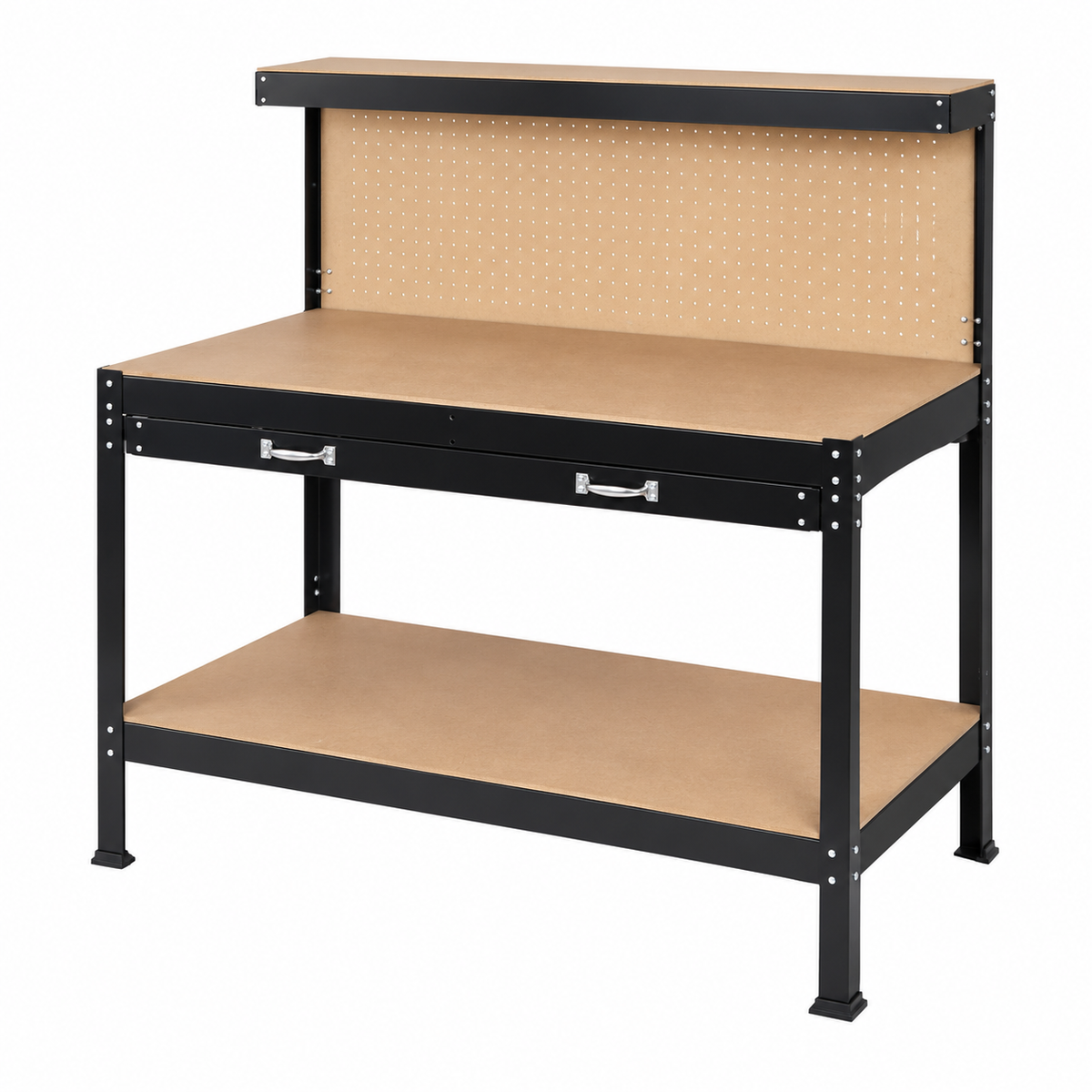 45-Inch Steel Workbench with Drawer and Pegboard, right-front view on white