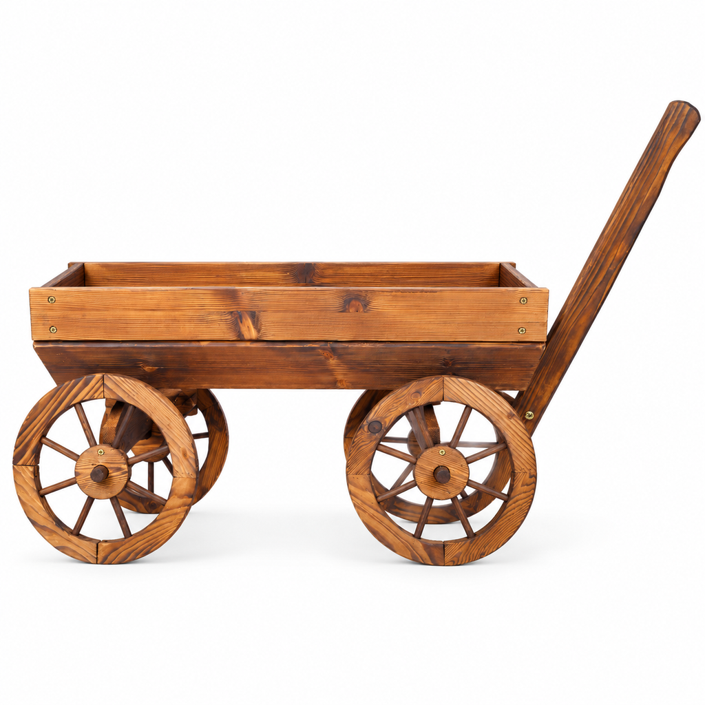 Wood Wagon Flower Planter with Handle, Brown, front view on white
