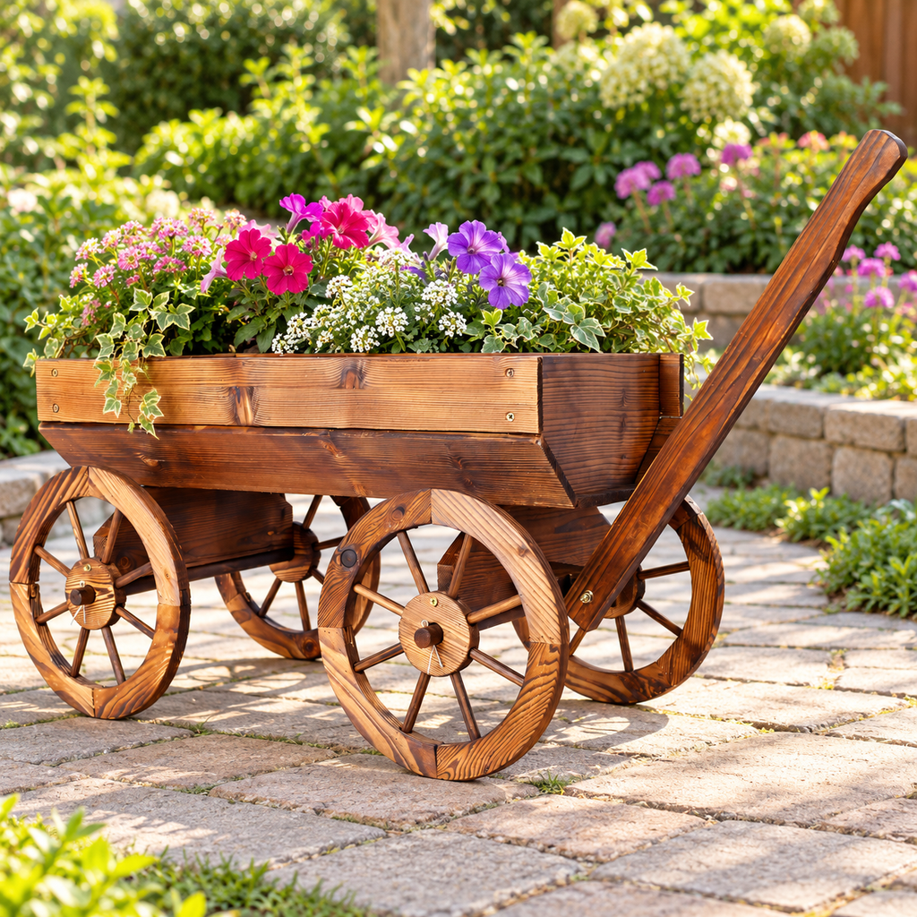 Wood Wagon Flower Planter with Handle, Brown, beside a garden path with flowers