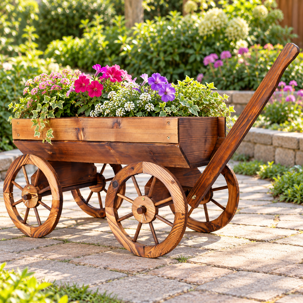 Wood Wagon Flower Planter with Handle, Brown, beside a garden path with flowers