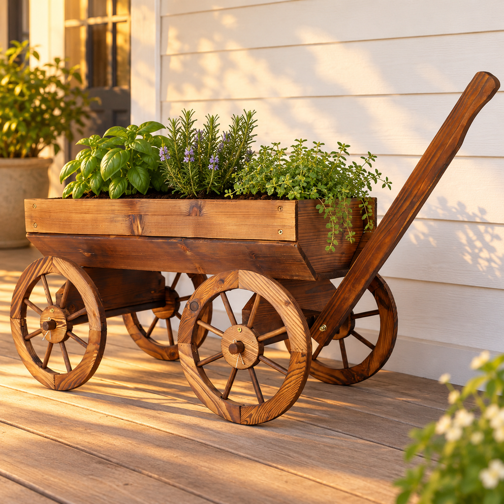 Wood Wagon Flower Planter with Handle, Brown, on a covered cottage porch with herbs