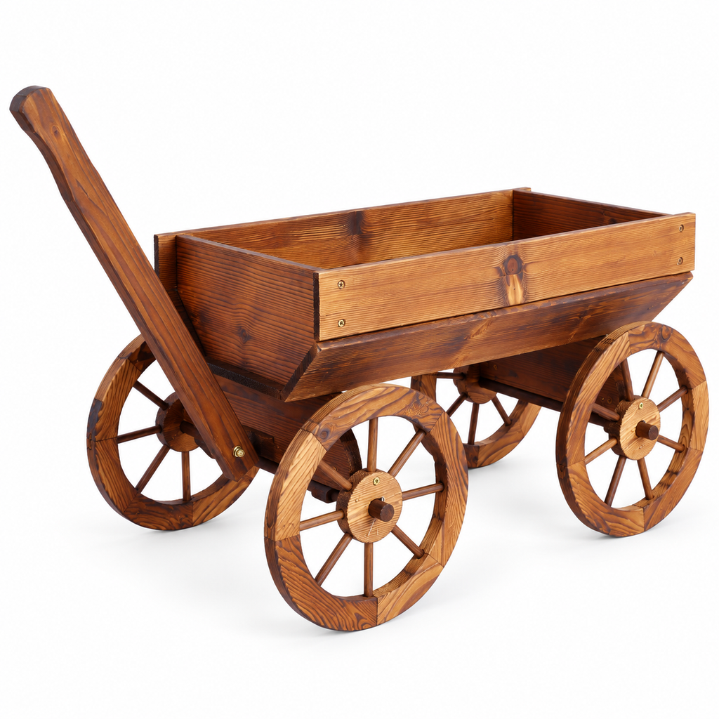 Wood Wagon Flower Planter with Handle, Brown, left-front view on white
