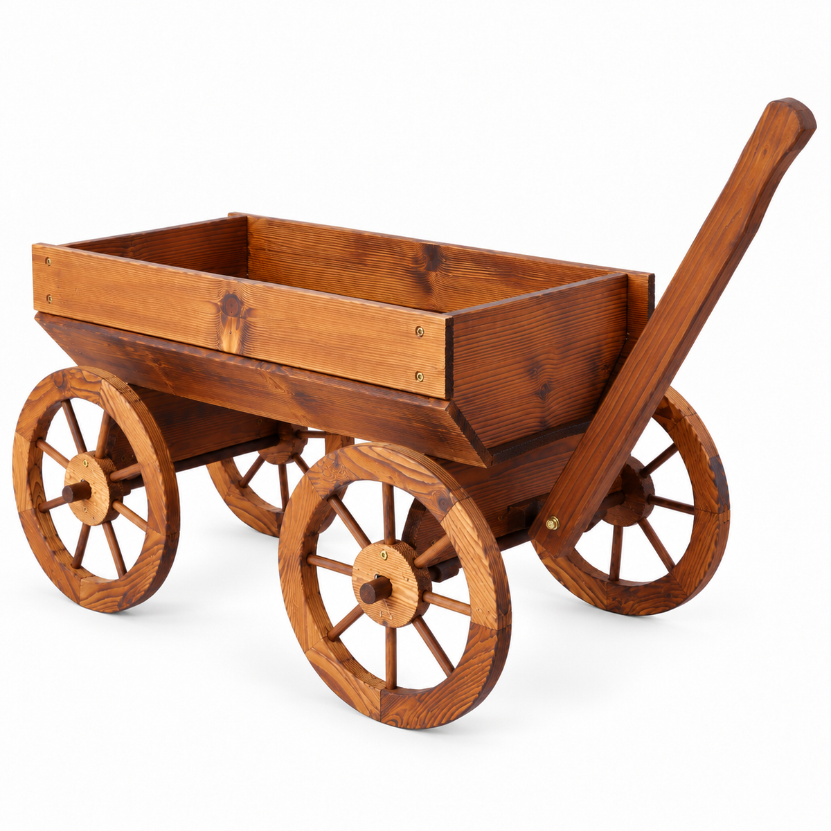 Wood Wagon Flower Planter with Handle, Brown, right-front view on white