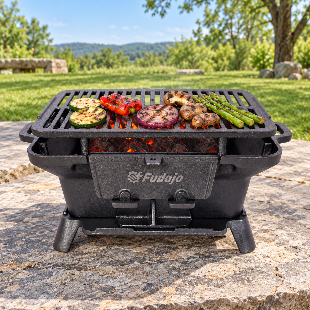 16-in. Cast Iron Charcoal Tabletop Grill, Black, on a stone surface in an open-air picnic area