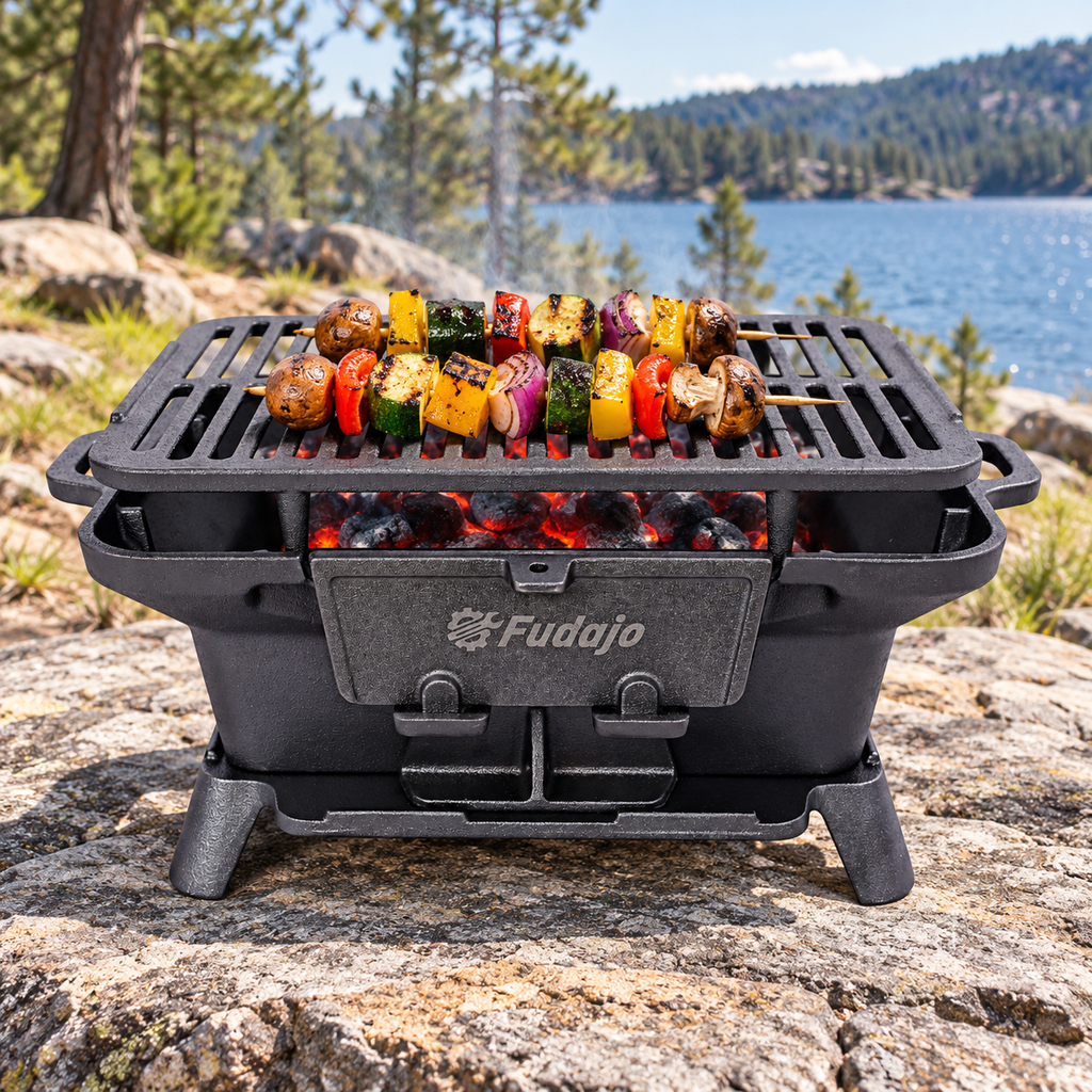 16-in. Cast Iron Charcoal Tabletop Grill, Black, on a stone surface at an open-air campsite