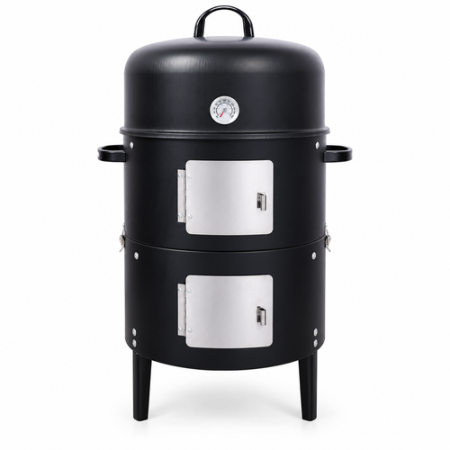 17-in. Two-Tier Steel Charcoal Smoker, Black, front view on white