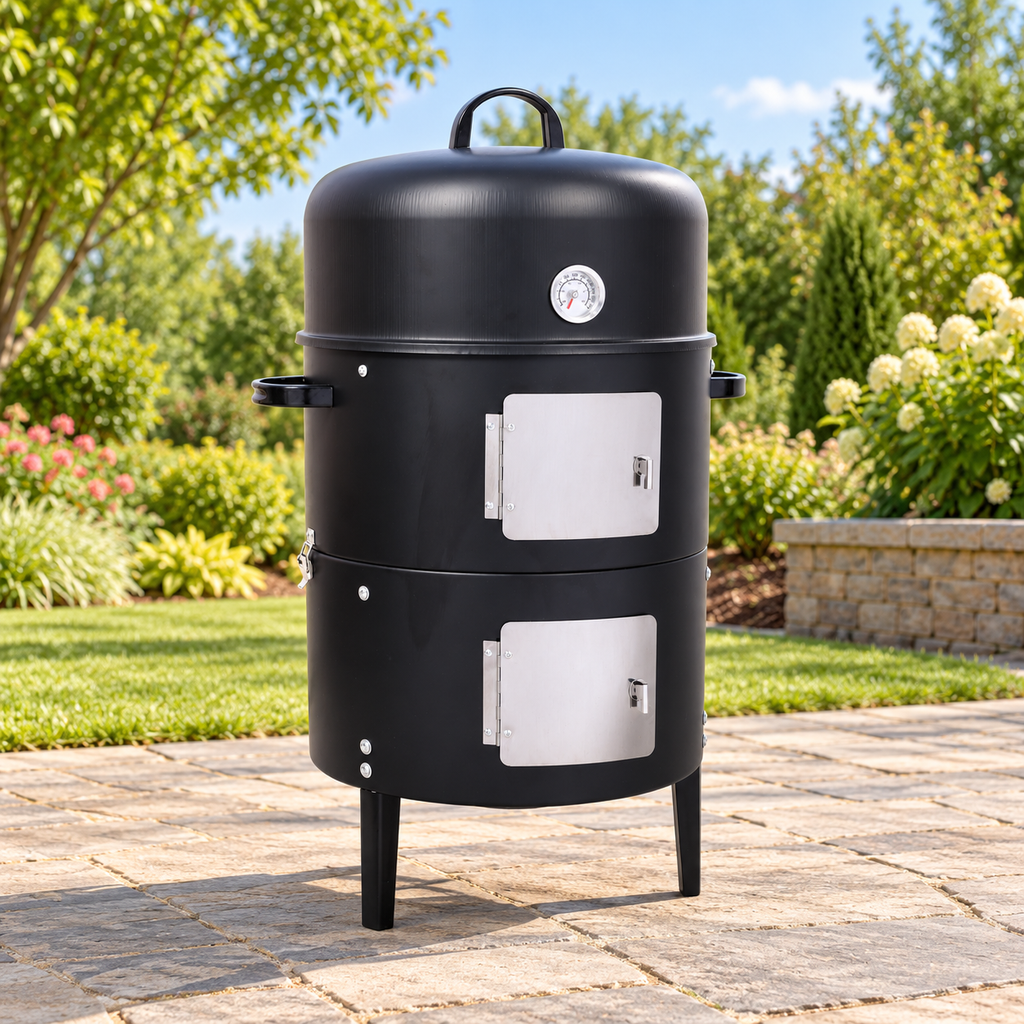 17-in. Two-Tier Steel Charcoal Smoker, Black, on an open-air garden patio
