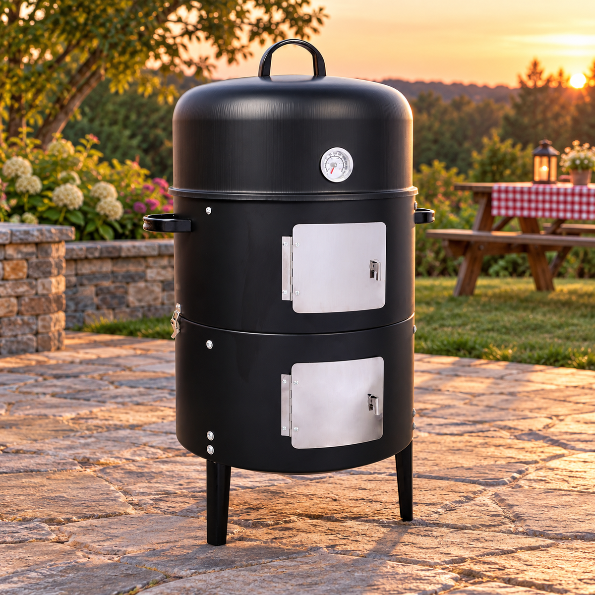 17-in. Two-Tier Steel Charcoal Smoker, Black, in an open-air backyard barbecue area