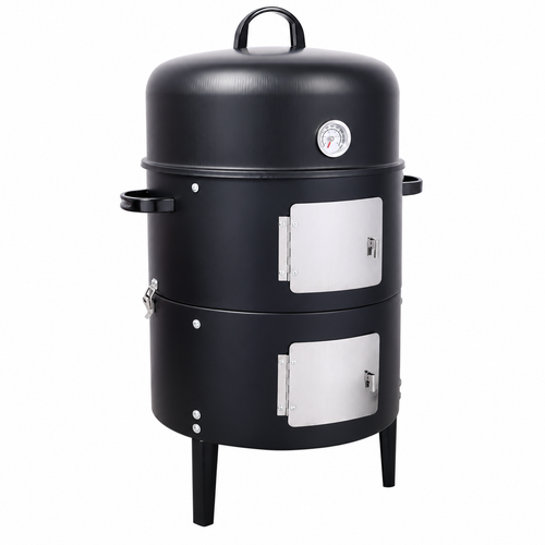 17-in. Two-Tier Steel Charcoal Smoker, Black, left-front view on white