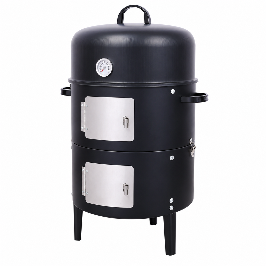 17-in. Two-Tier Steel Charcoal Smoker, Black, right-front view on white