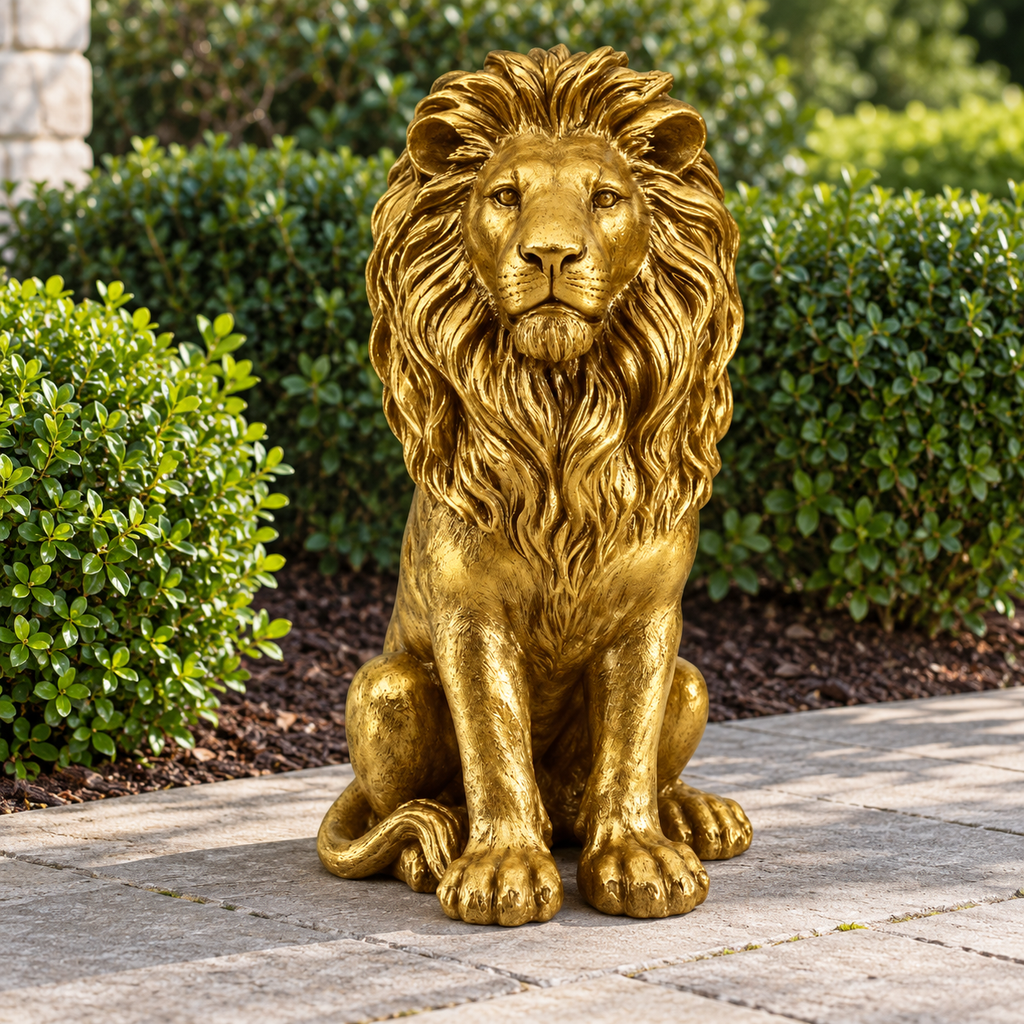 24-Inch Gold Lion Garden Statue, on stone beside a garden path