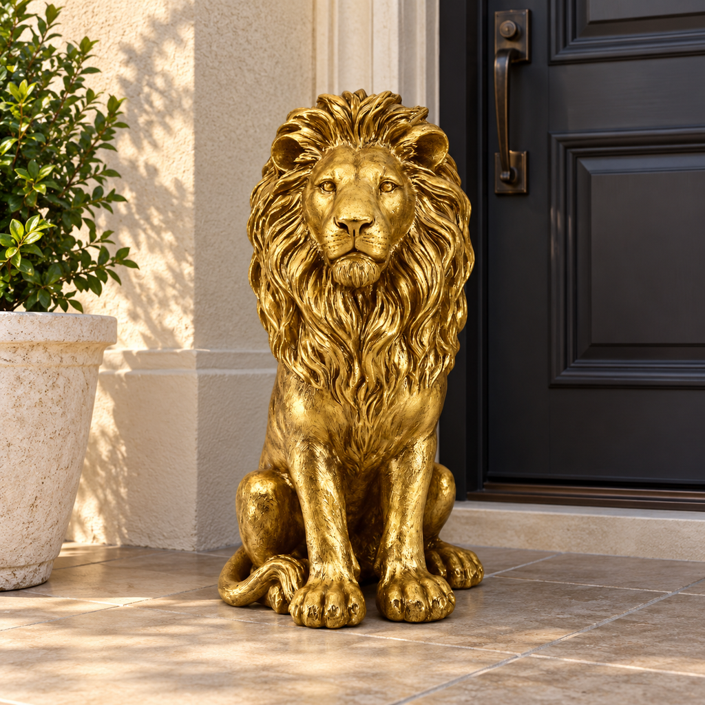 24-Inch Gold Lion Garden Statue, beside a sheltered entrance door