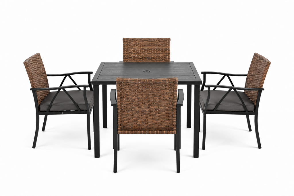 5-Piece Wicker Patio Dining Set with Steel Table, front view on white