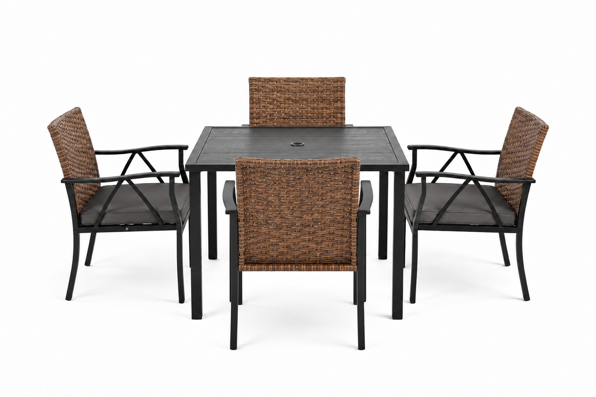 5-Piece Wicker Patio Dining Set with Steel Table, front view on white