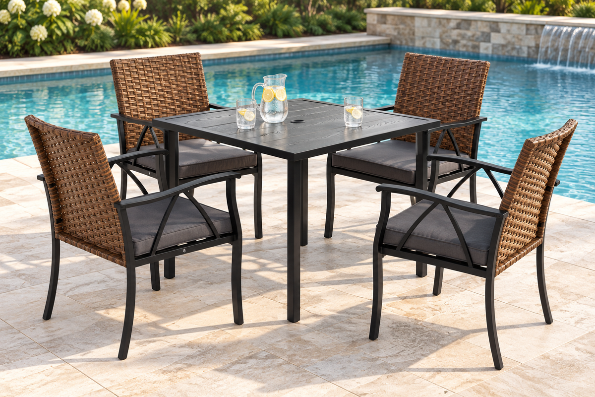 5-Piece Wicker Patio Dining Set with Steel Table, on a poolside patio