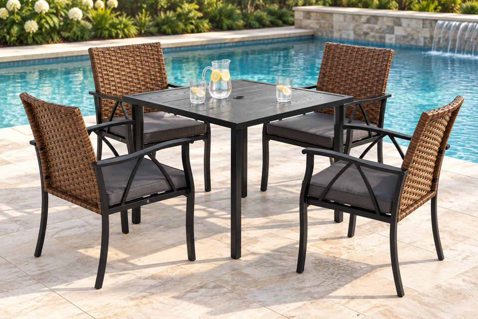 5-Piece Wicker Patio Dining Set with Steel Table, on a poolside patio