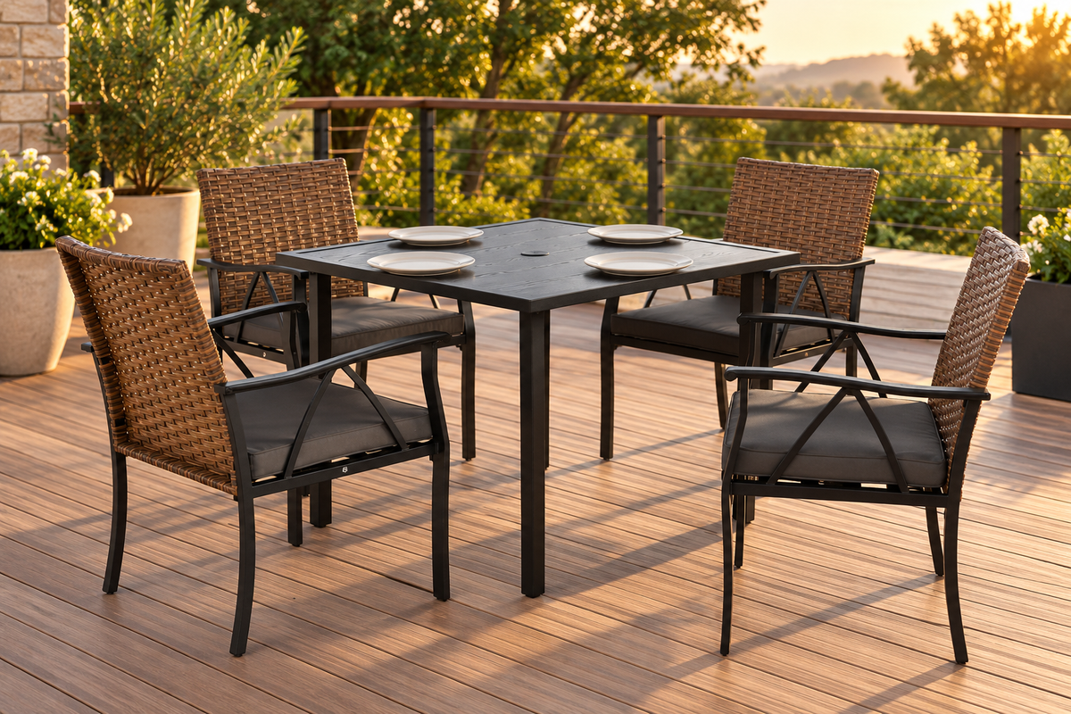 5-Piece Wicker Patio Dining Set with Steel Table, on a garden deck