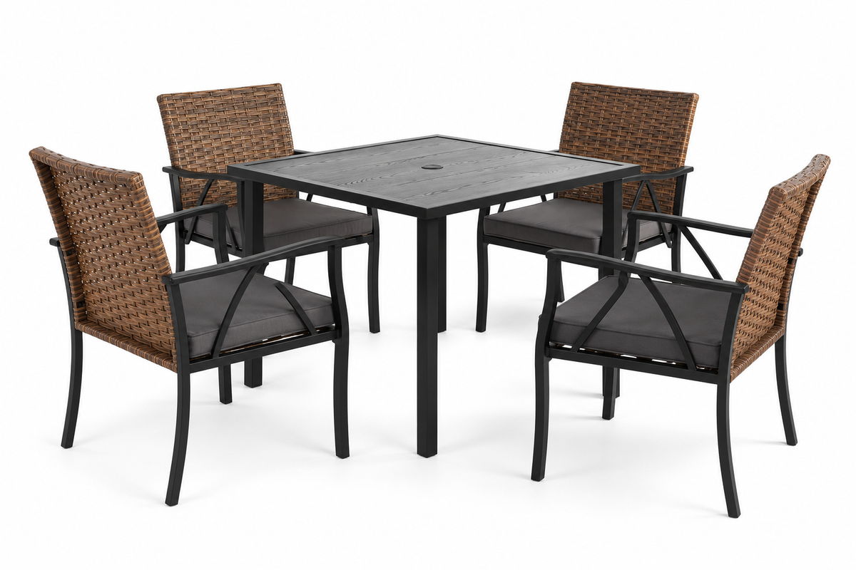 5-Piece Wicker Patio Dining Set with Steel Table, left-front view on white