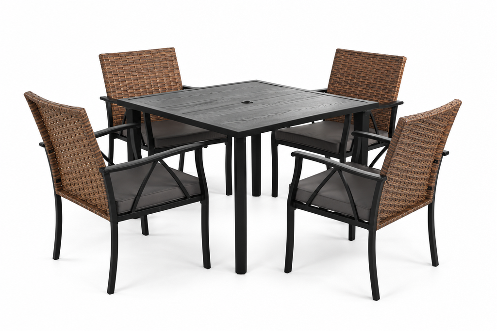 5-Piece Wicker Patio Dining Set with Steel Table, right-front view on white