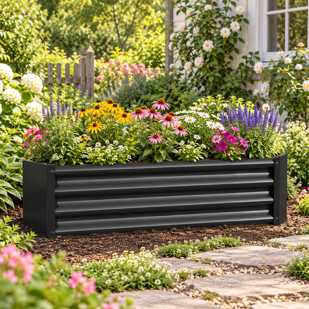 4 x 2 x 1-Foot Metal Raised Garden Bed, Black, in a flower garden