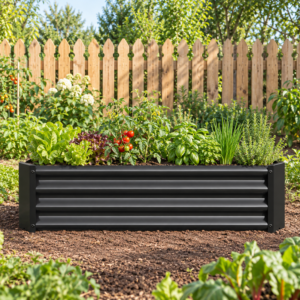4 x 2 x 1-Foot Metal Raised Garden Bed, Black, in a backyard vegetable garden