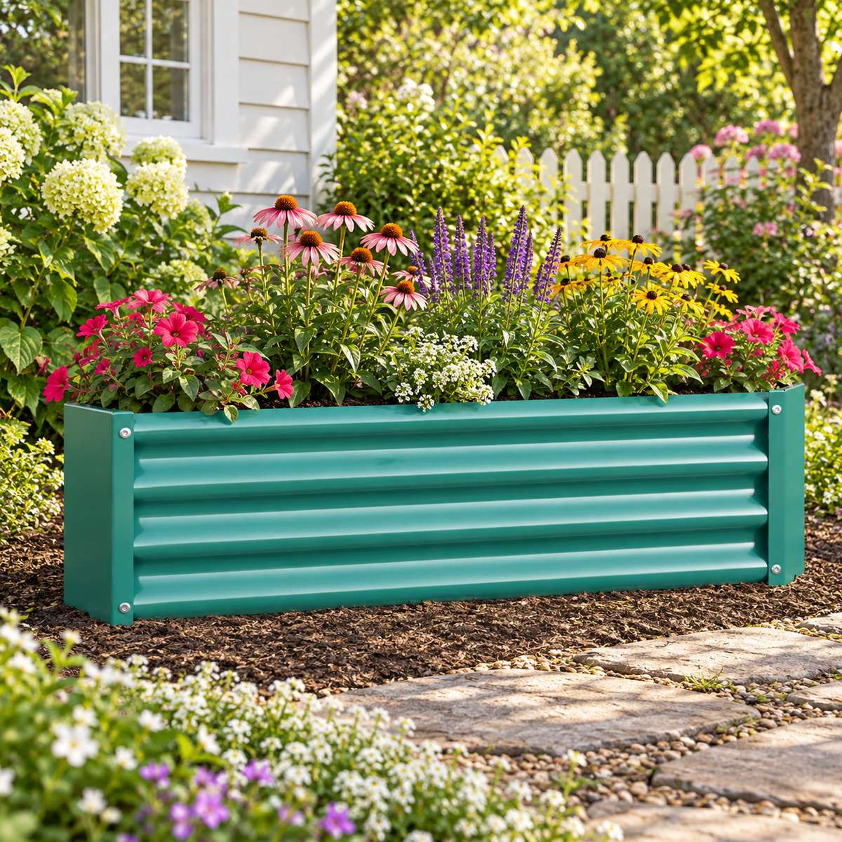 4 x 2 x 1-Foot Metal Raised Garden Bed, Green, in a flower garden