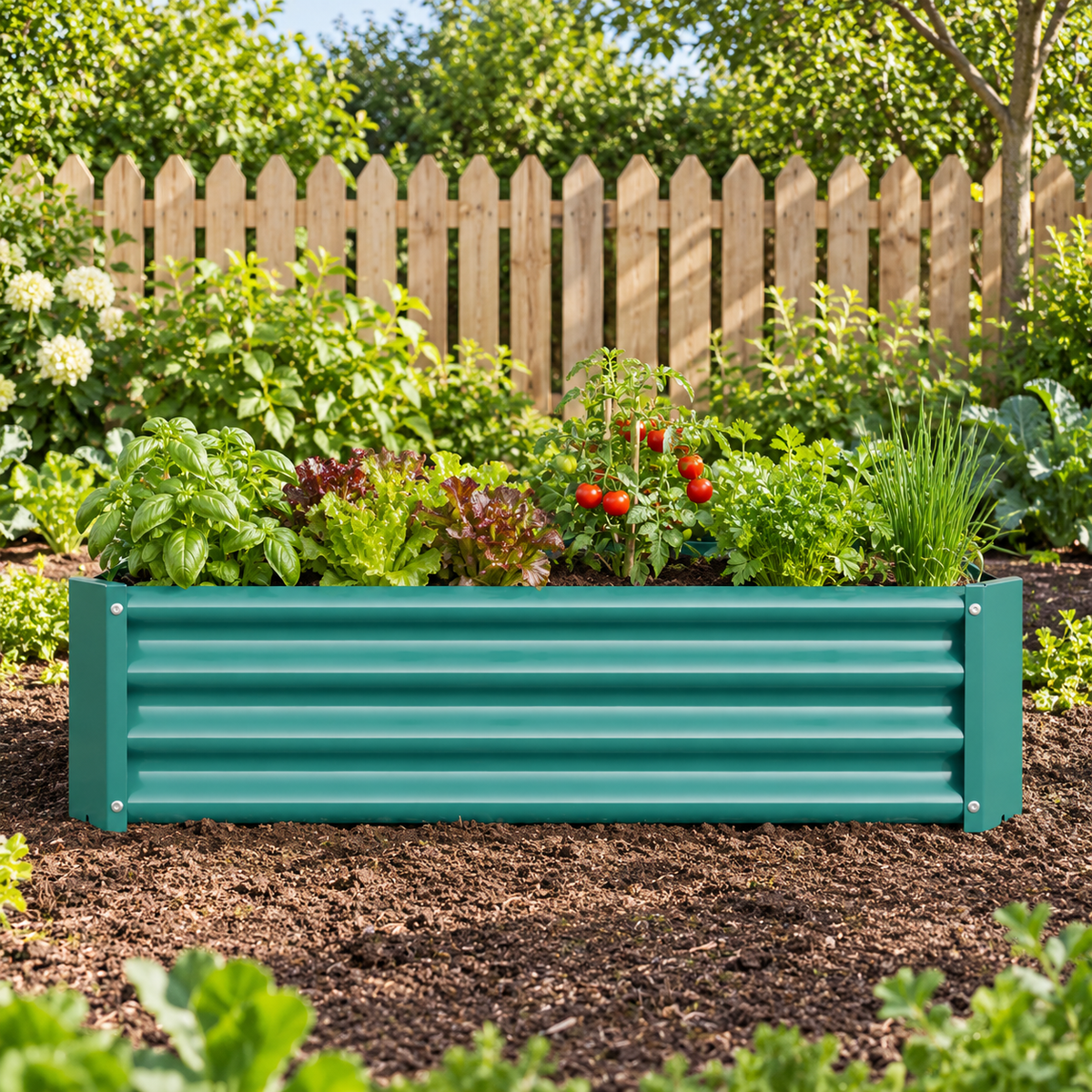 4 x 2 x 1-Foot Metal Raised Garden Bed, Green, in a backyard vegetable garden