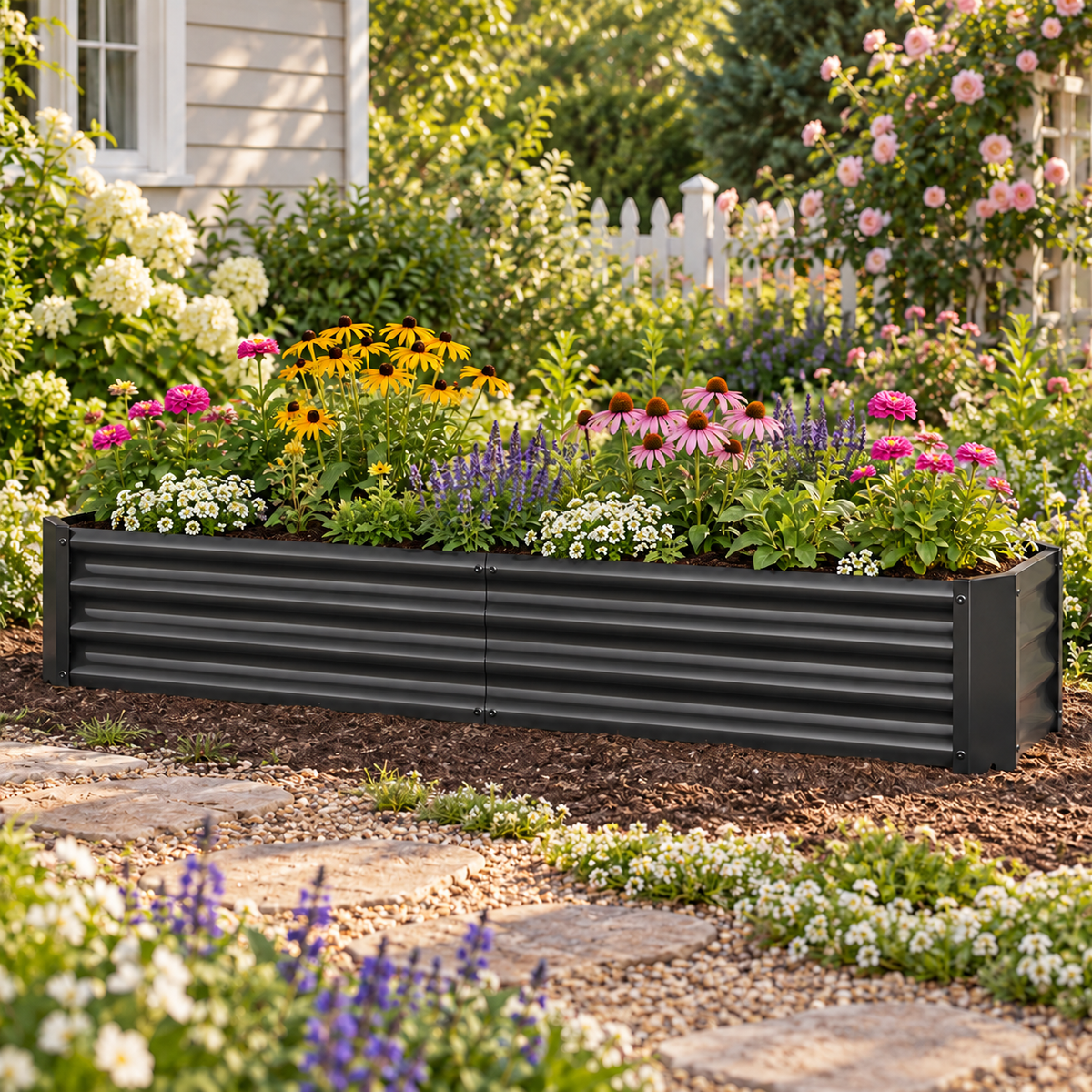 6 x 3 x 1-Foot Metal Raised Garden Bed, Black, in a flower garden