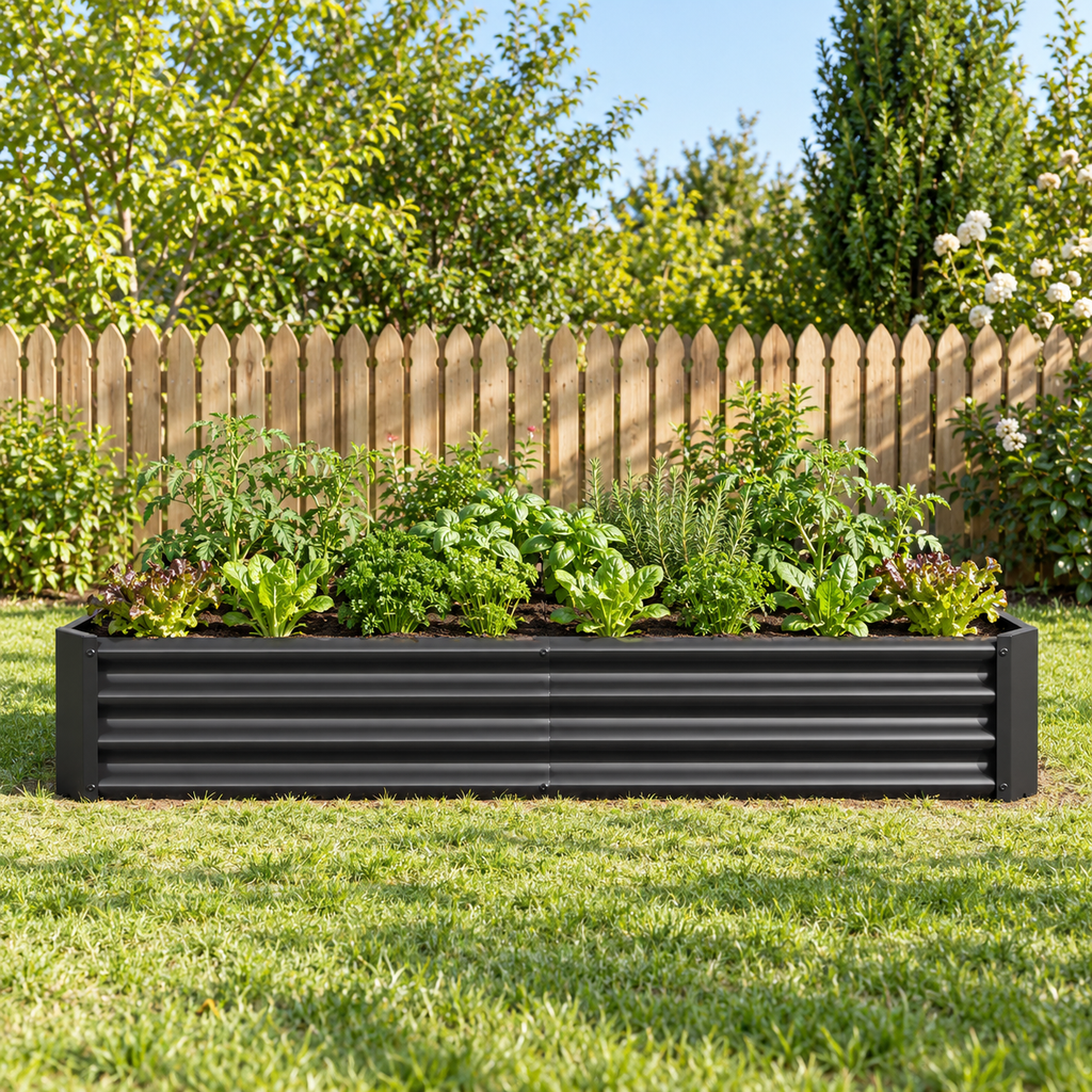 6 x 3 x 1-Foot Metal Raised Garden Bed, Black, in a backyard vegetable garden