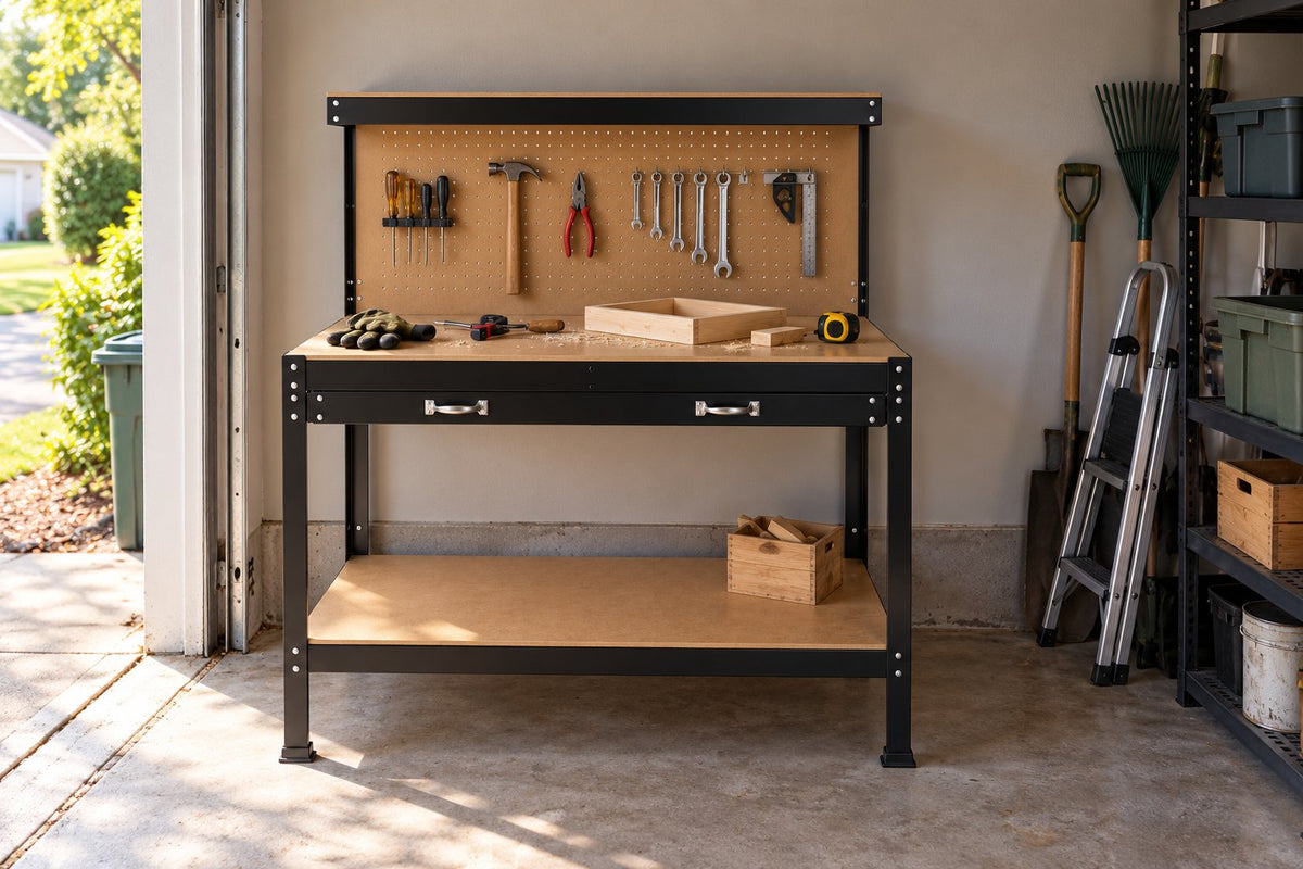 A steel workbench with a pegboard supports an unfinished project in a home garage.