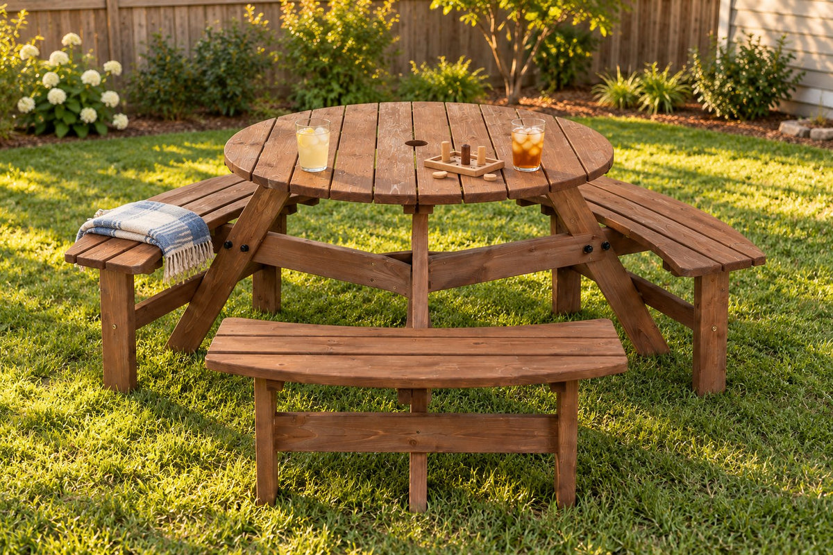 A round wooden picnic table with three curved benches in a lived-in backyard.