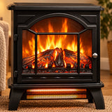 Amber electric flames glow behind the glass door of a compact black stove.