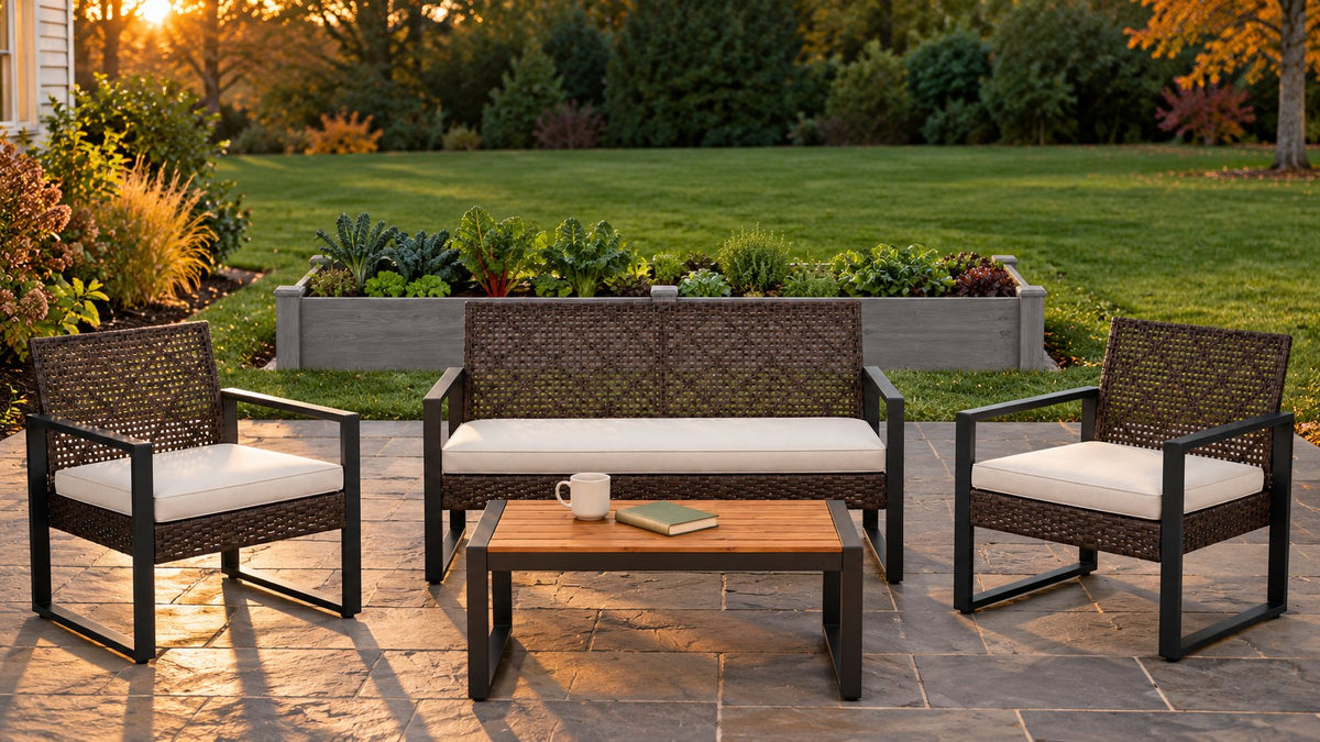 Autumn slate patio with a brown wicker conversation set and a gray vegetable bed.